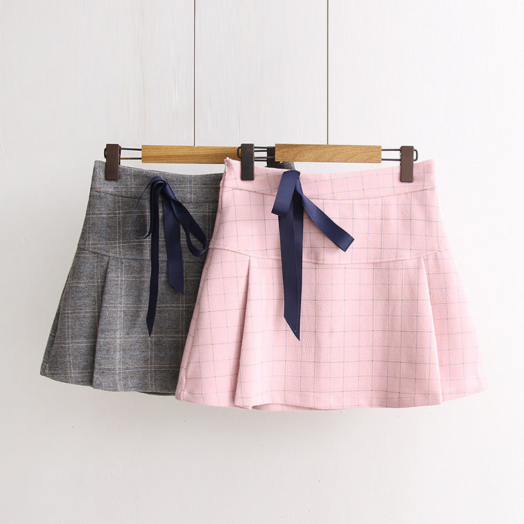 College wind bow plaid woolen skirt female A word skirt student skirt