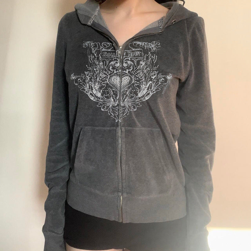 American Retro Printed Loose Sweatshirt Cardigan