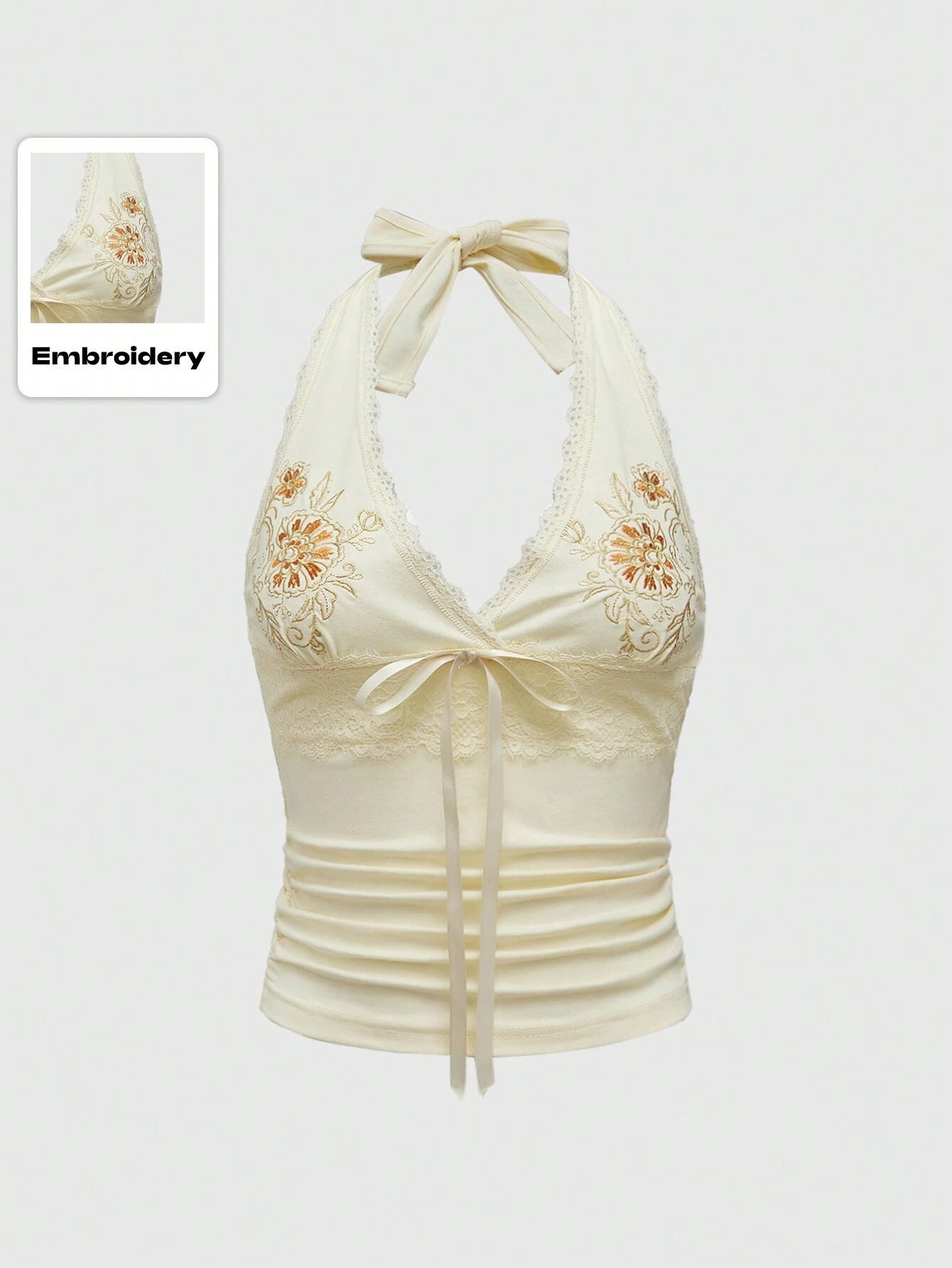 Sexy Floral Embroidered Lace Stitching Tied Vest Halter Slim Fit Slimming Spaghetti Straps