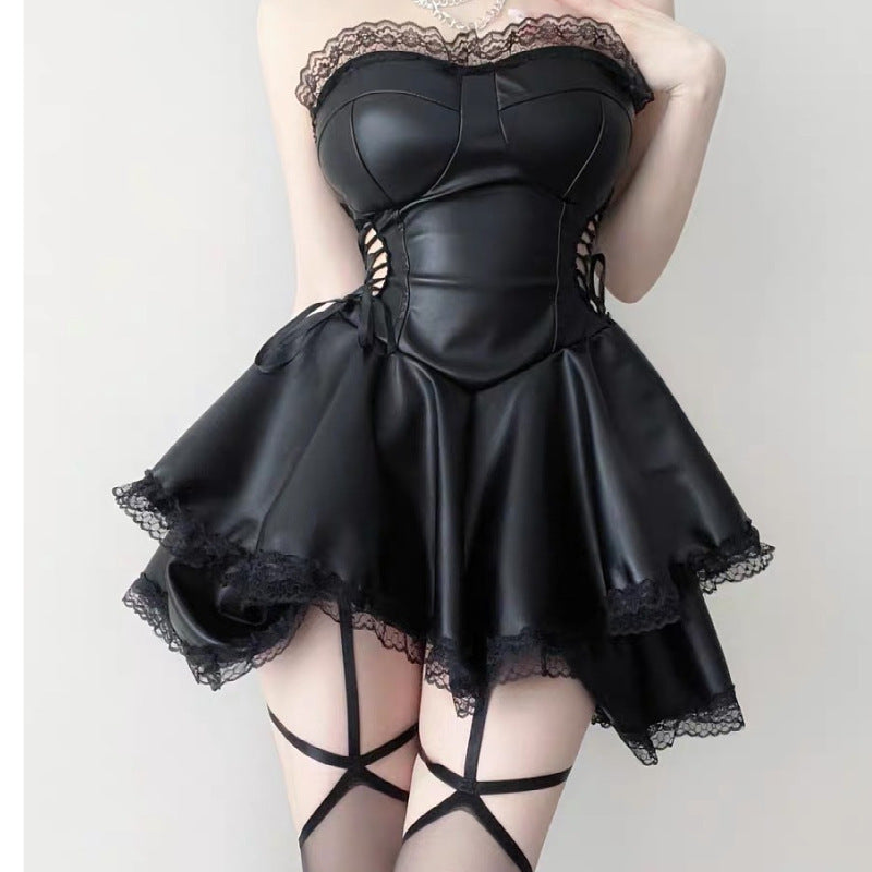 Hot Girl Black Panel Tube Top Dress Sexy Lace-up Slim Fit Skirt