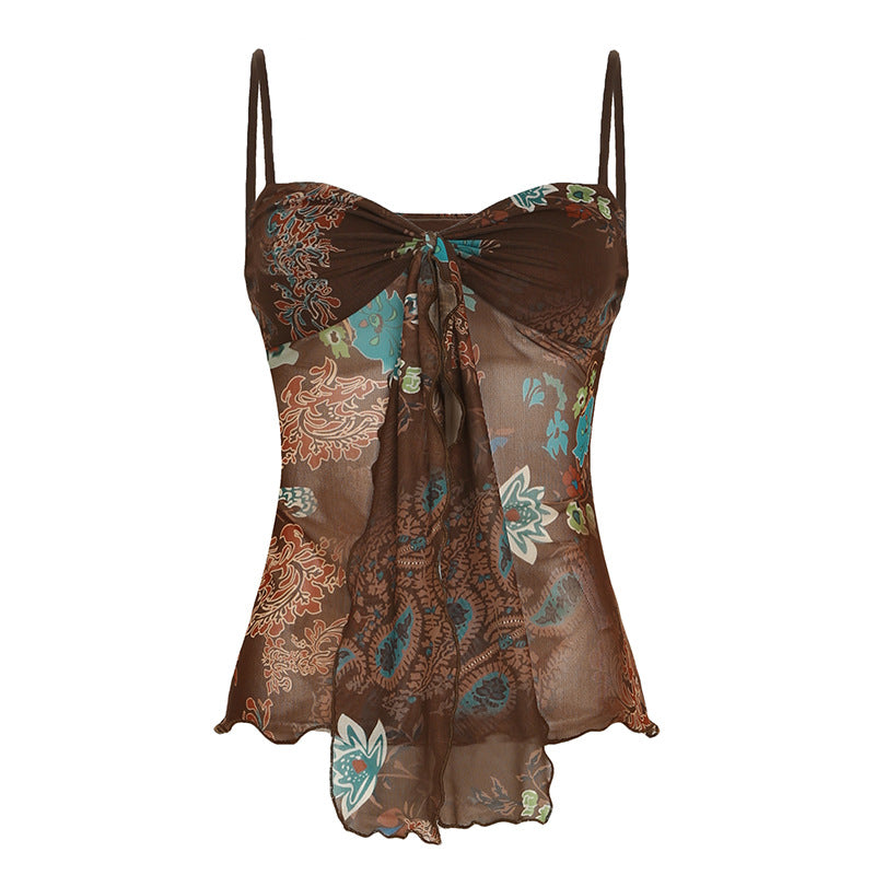 European And American Retro Printing Color Contrast V-neck Small Sling Women's Spring