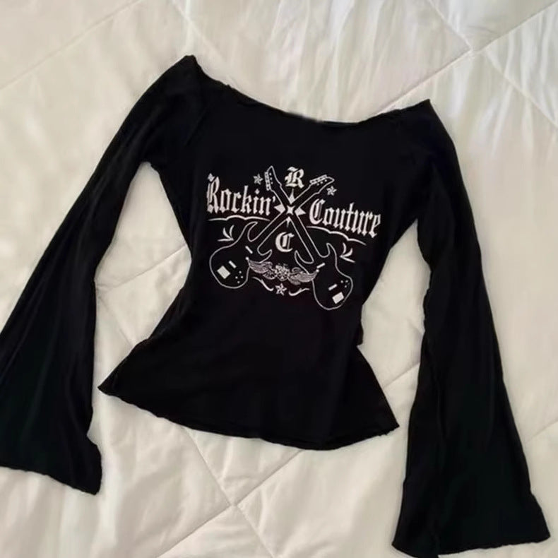 Printed Women's Long-sleeved Off-shoulder Slim-fit Slimming Pure Desire Style