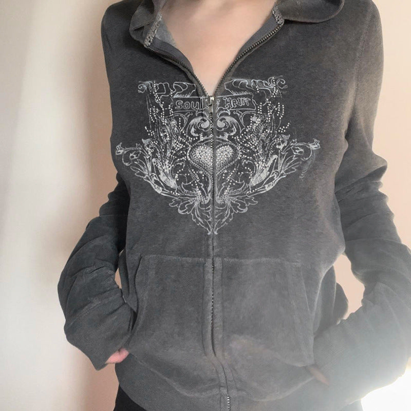 American Retro Printed Loose Sweatshirt Cardigan