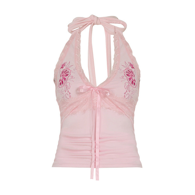Sexy Floral Embroidered Lace Stitching Tied Vest Halter Slim Fit Slimming Spaghetti Straps