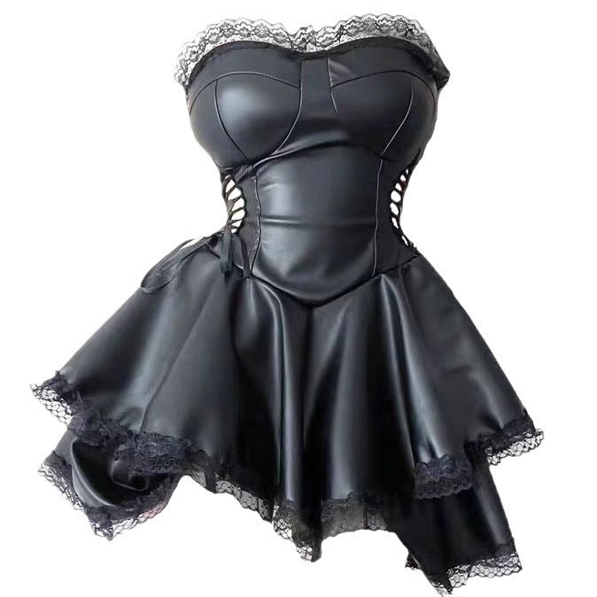 Hot Girl Black Panel Tube Top Dress Sexy Lace-up Slim Fit Skirt