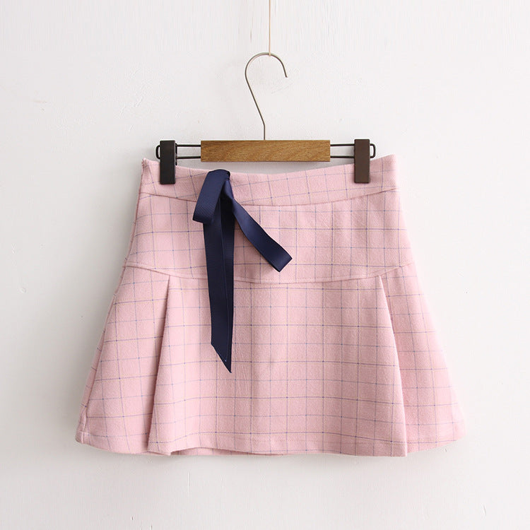 College wind bow plaid woolen skirt female A word skirt student skirt
