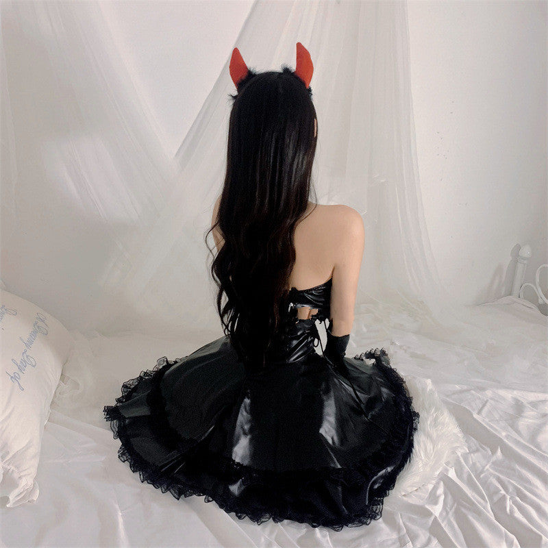 Hot Girl Black Panel Tube Top Dress Sexy Lace-up Slim Fit Skirt