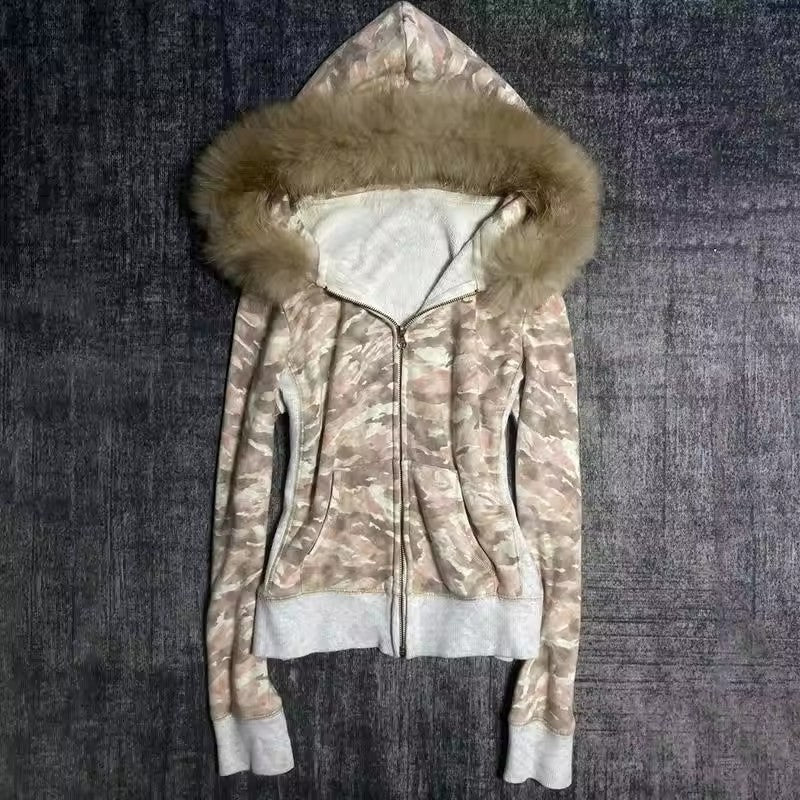 Retro Alphabet Embroidered Autumn And Winter Fur Collar Hood Cardigan Coat Sweatshirt