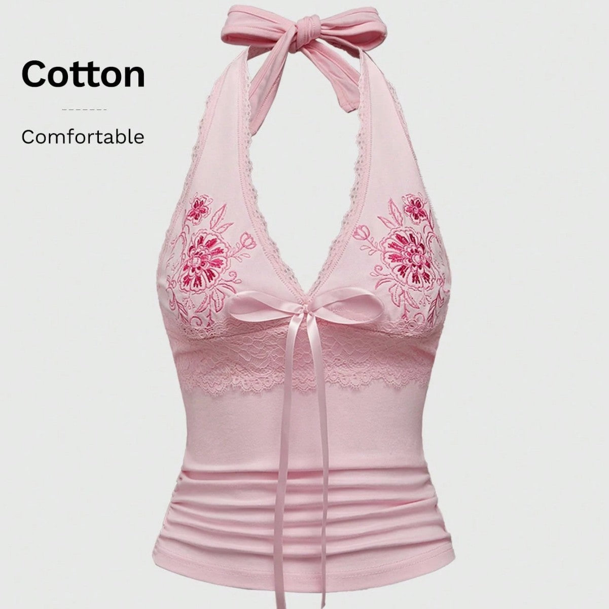Sexy Floral Embroidered Lace Stitching Tied Vest Halter Slim Fit Slimming Spaghetti Straps