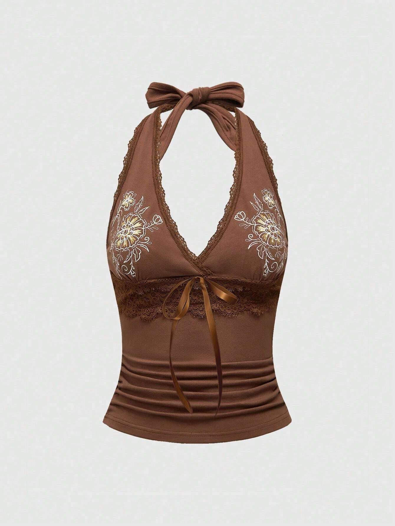 Sexy Floral Embroidered Lace Stitching Tied Vest Halter Slim Fit Slimming Spaghetti Straps