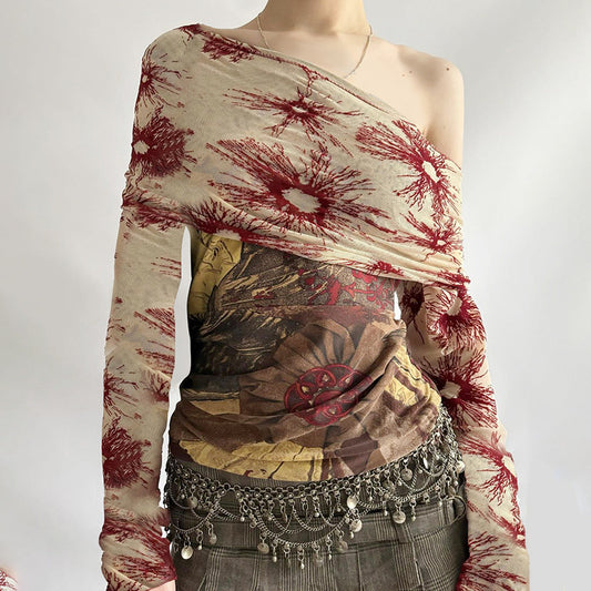 Retro Vintage Style Printed Contrast Color Lapels Slim-fit Long Sleeve