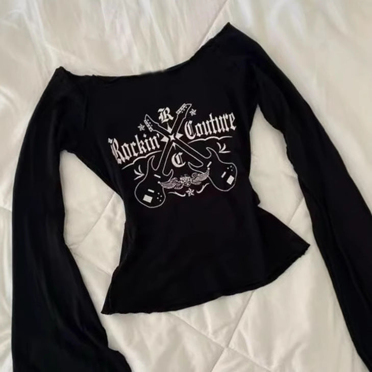 Printed Women's Long-sleeved Off-shoulder Slim-fit Slimming Pure Desire Style