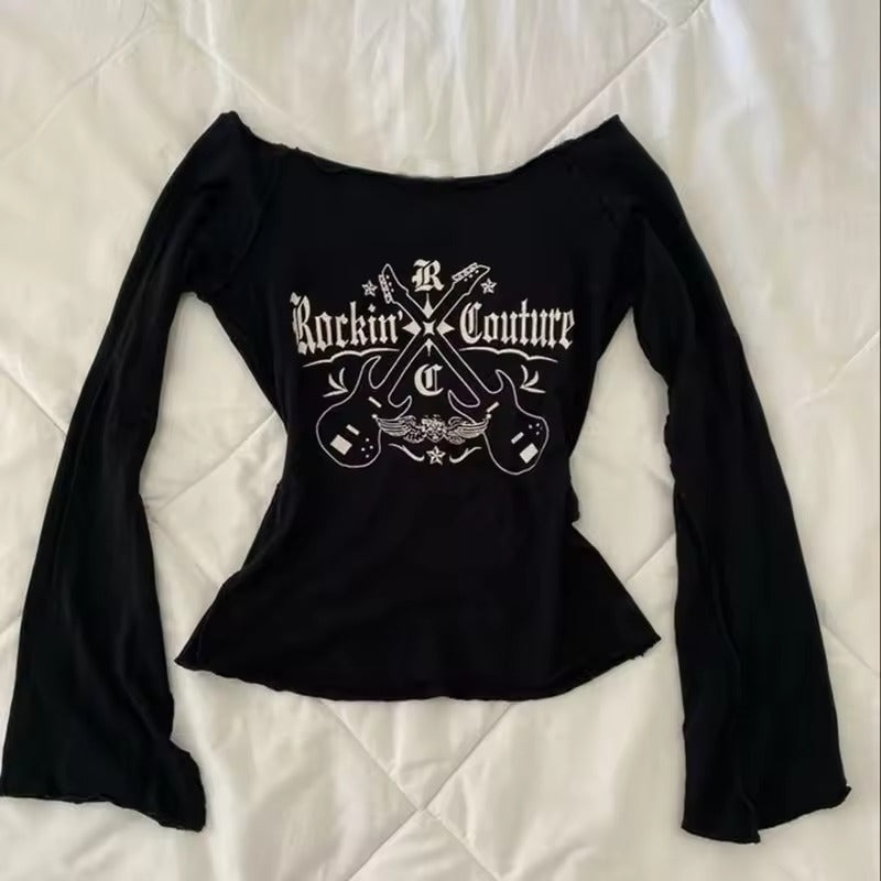 Printed Women's Long-sleeved Off-shoulder Slim-fit Slimming Pure Desire Style