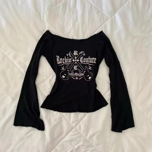 Printed Women's Long-sleeved Off-shoulder Slim-fit Slimming Pure Desire Style