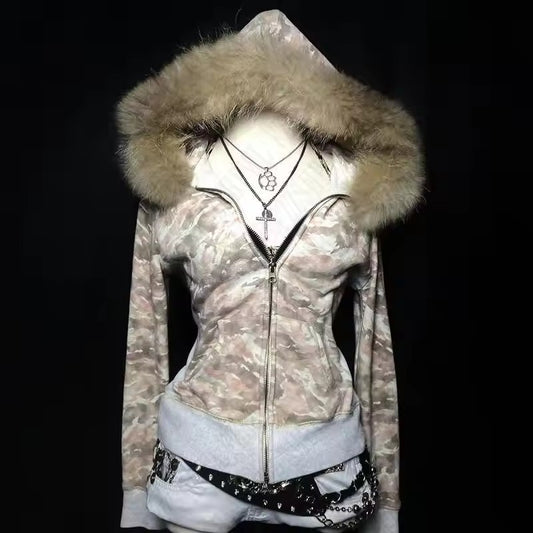 Retro Alphabet Embroidered Autumn And Winter Fur Collar Hood Cardigan Coat Sweatshirt